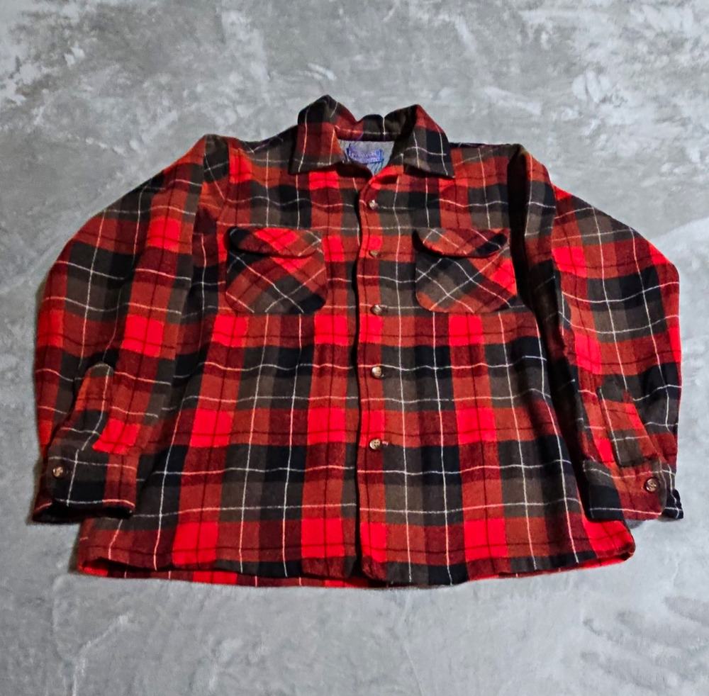 Vtg 50s Pendleton Wool Board Shirt Loop Collar Red Plaid Surf Mens Medium USA